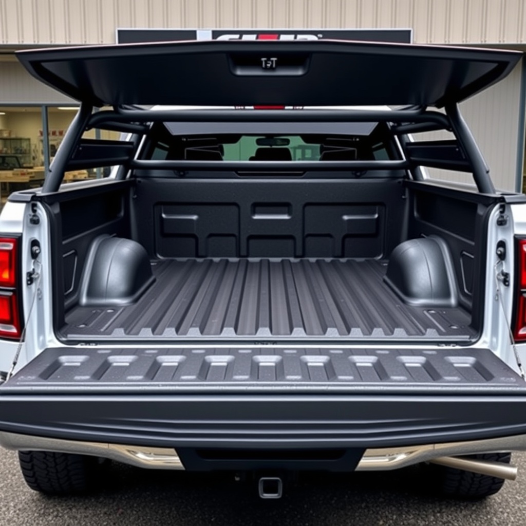 Professional stock photo of Ford F-Series truck with custom bed modifications including bed extender and aftermarket rack system, clean installation showing practical enhancements
