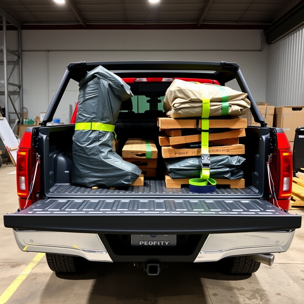 Professional stock photo of Ford F-Series truck bed loaded with construction materials and secured cargo, demonstrating proper weight distribution and tie-down techniques