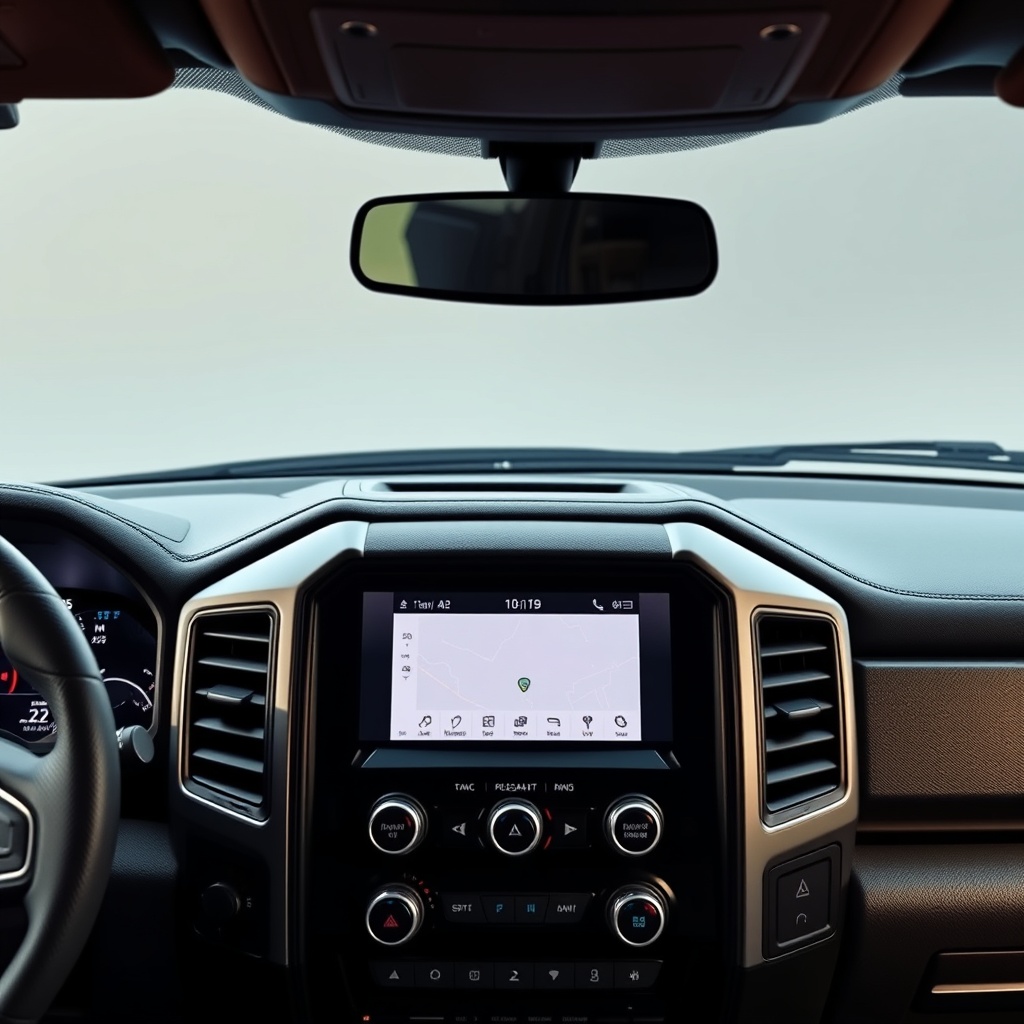 Professional stock photo of a modern pickup truck dashboard showing advanced infotainment screen, digital instrument cluster, and premium interior materials with soft lighting