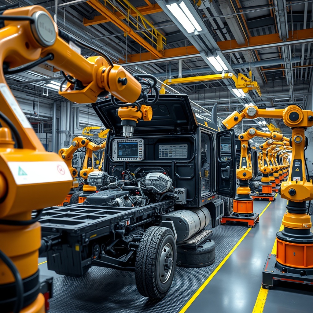 Professional stock photo of automotive assembly line with robotic arms installing components on truck chassis in modern manufacturing facility