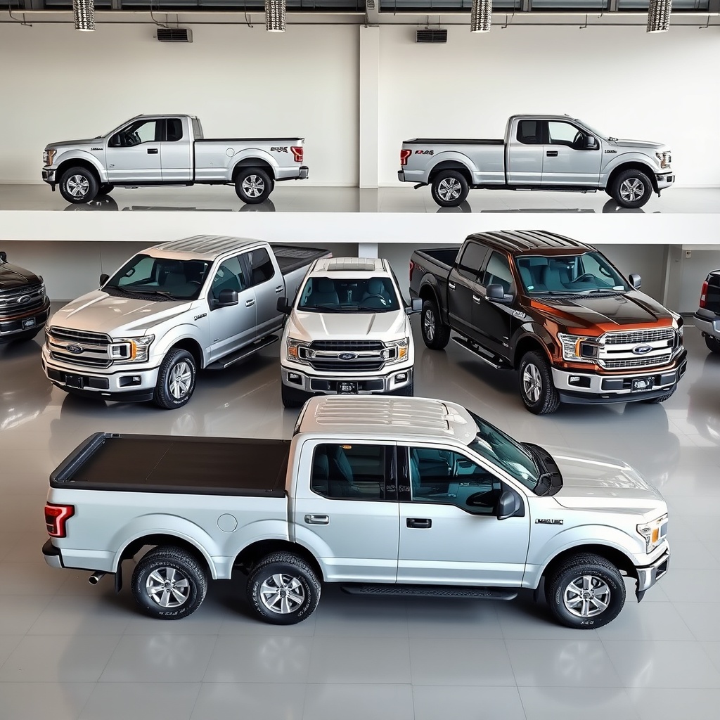 Professional stock photo of various Ford F-150 truck configurations showing different cab styles and bed lengths, displayed in a clean automotive showroom setting with natural lighting