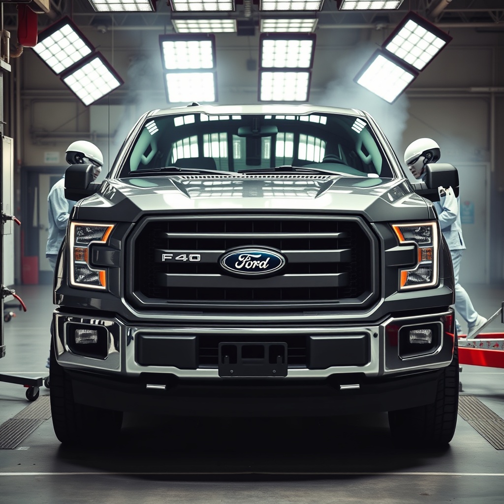 Professional stock photo of Ford F-150 undergoing safety testing with crash test dummies visible, showcasing advanced safety features in a modern automotive testing facility
