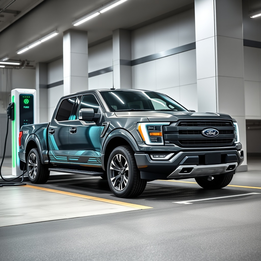 Professional stock photo of Ford F-150 Lightning electric truck charging at a modern charging station, highlighting its electric powertrain and futuristic design elements