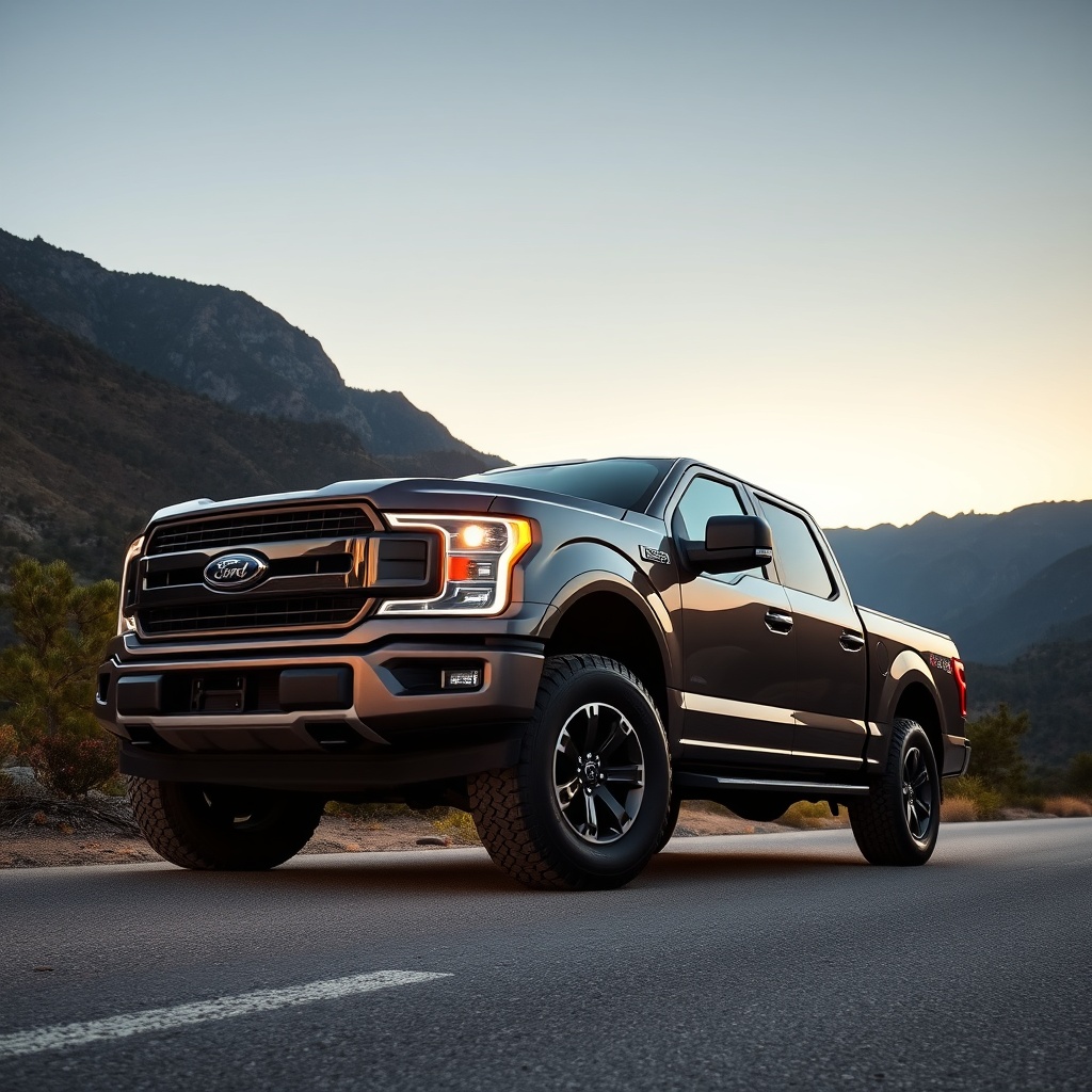 A modern Ford F-150 pickup truck parked on a scenic mountain road at sunset, showcasing its rugged design and capability in a professional automotive photography style with natural lighting and clean composition