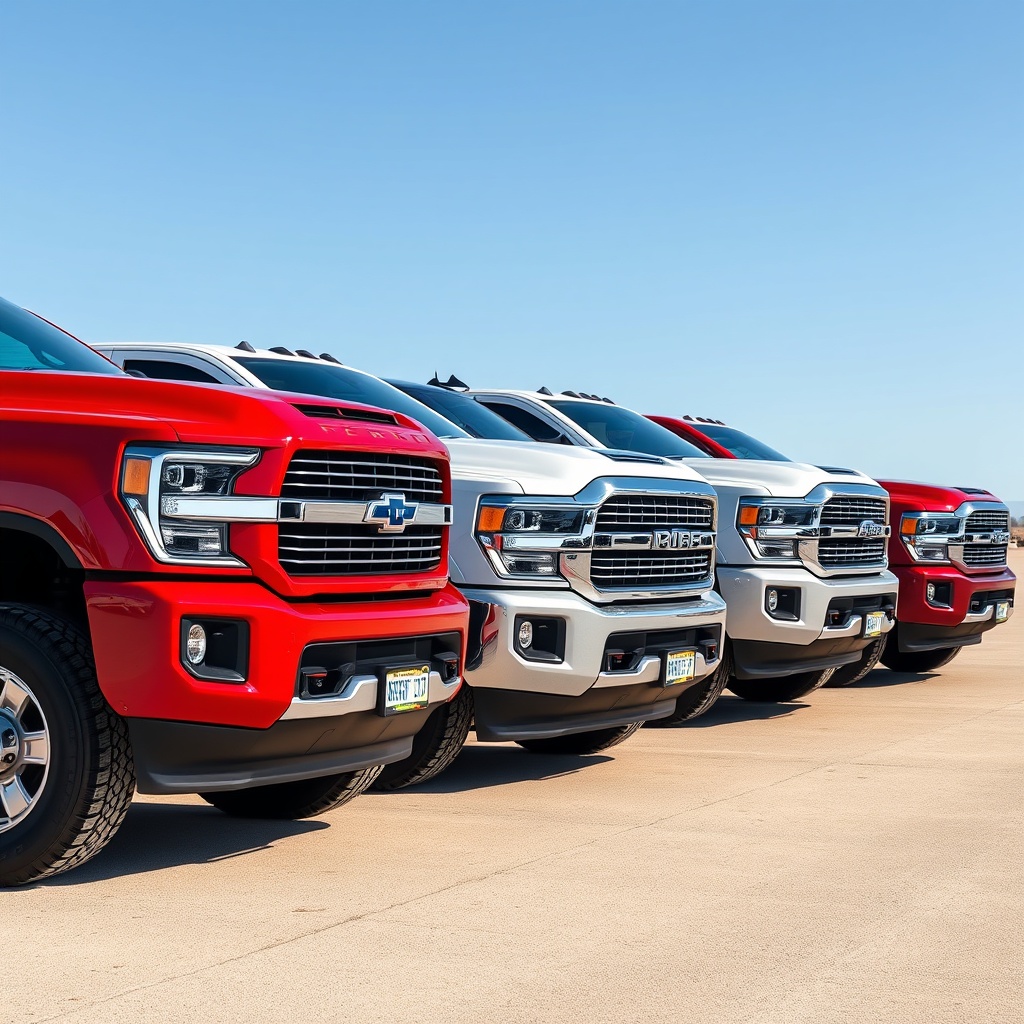 A professional stock photo of a lineup of 1500, 2500, and 3500 series trucks side by side, highlighting their differences in size and design, under clear daylight.