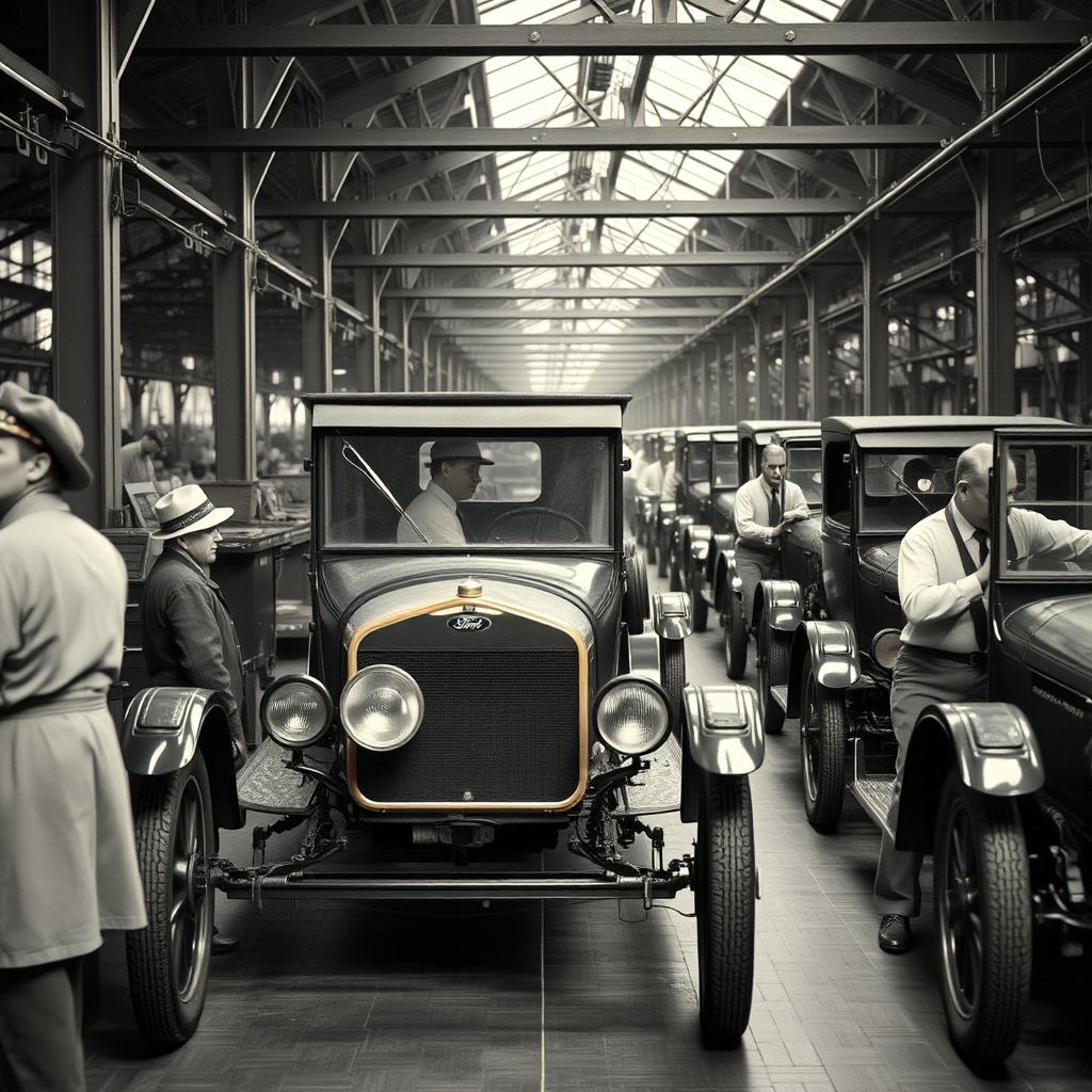 A vintage Ford Model T assembly line with workers in period clothing, capturing the historical manufacturing process with authentic industrial atmosphere and documentary-style photography
