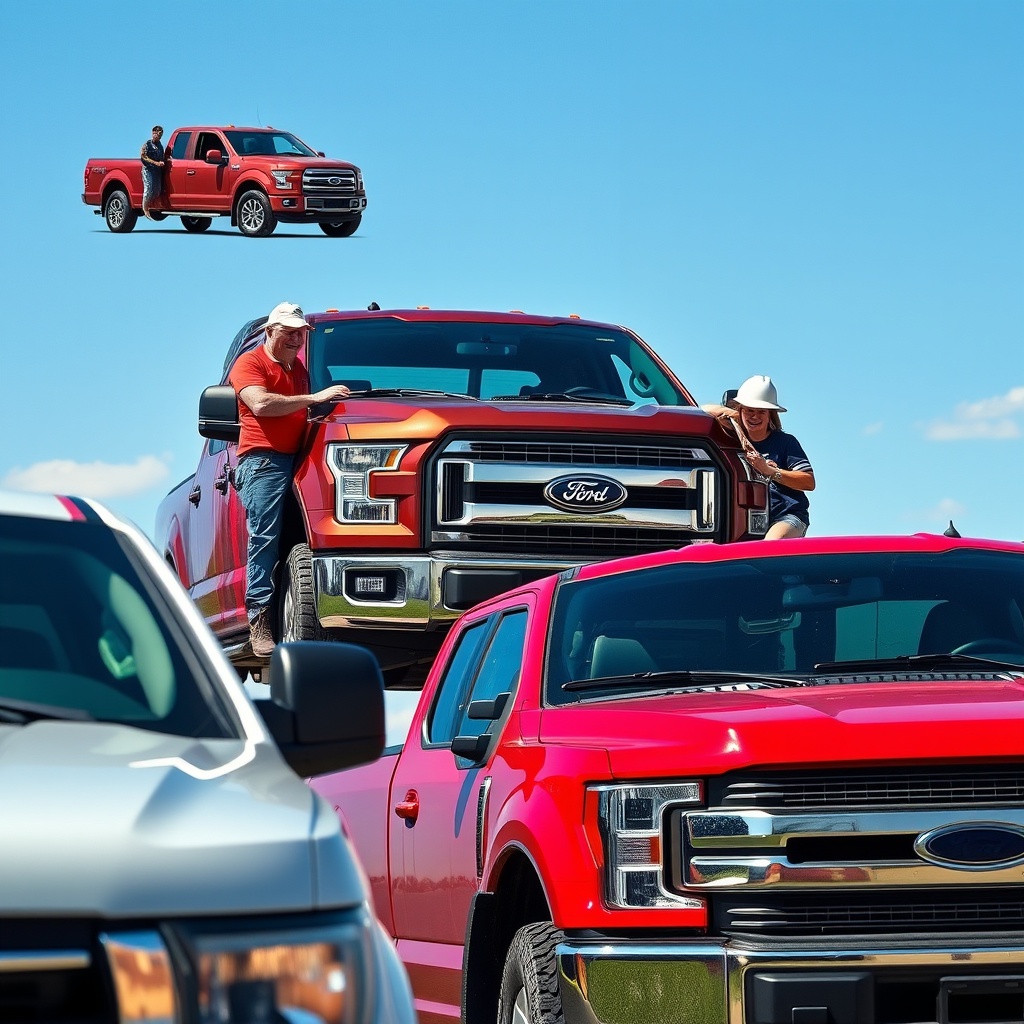 Diverse group of Ford truck owners including construction workers, families, and outdoor enthusiasts interacting with their vehicles in various real-world usage scenarios, professional lifestyle photography style
