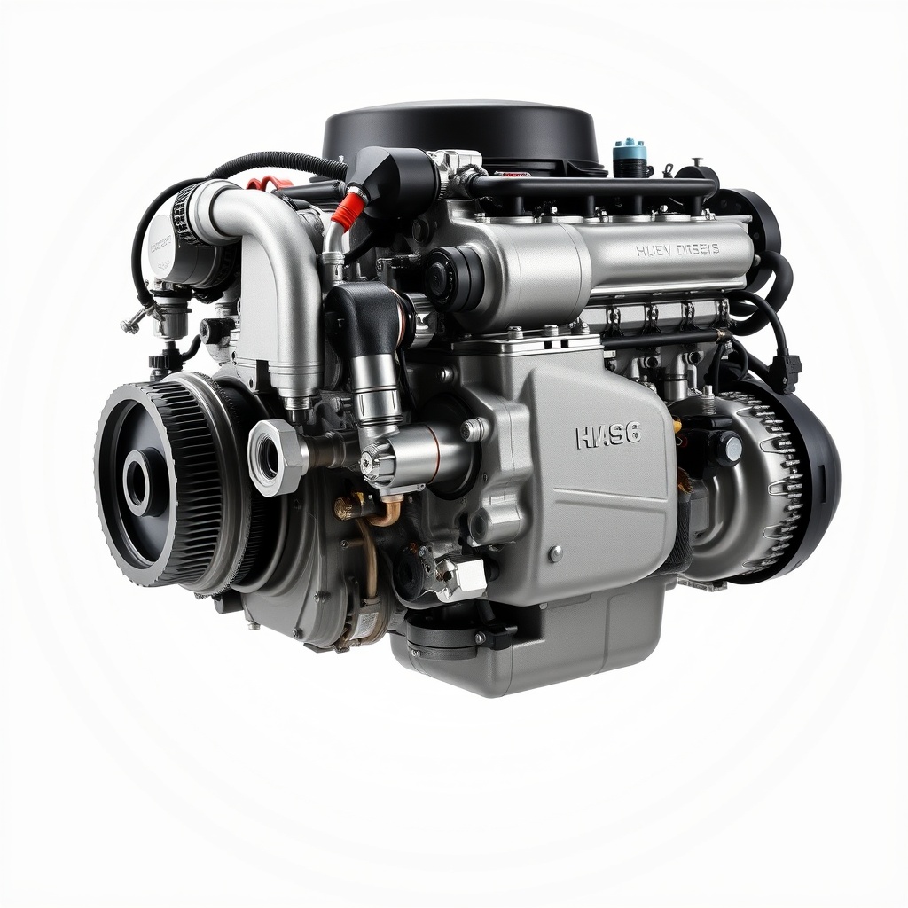 Professional stock photo of a modern diesel engine with visible fuel injection components and clean metallic surfaces, isolated on a white background with soft lighting