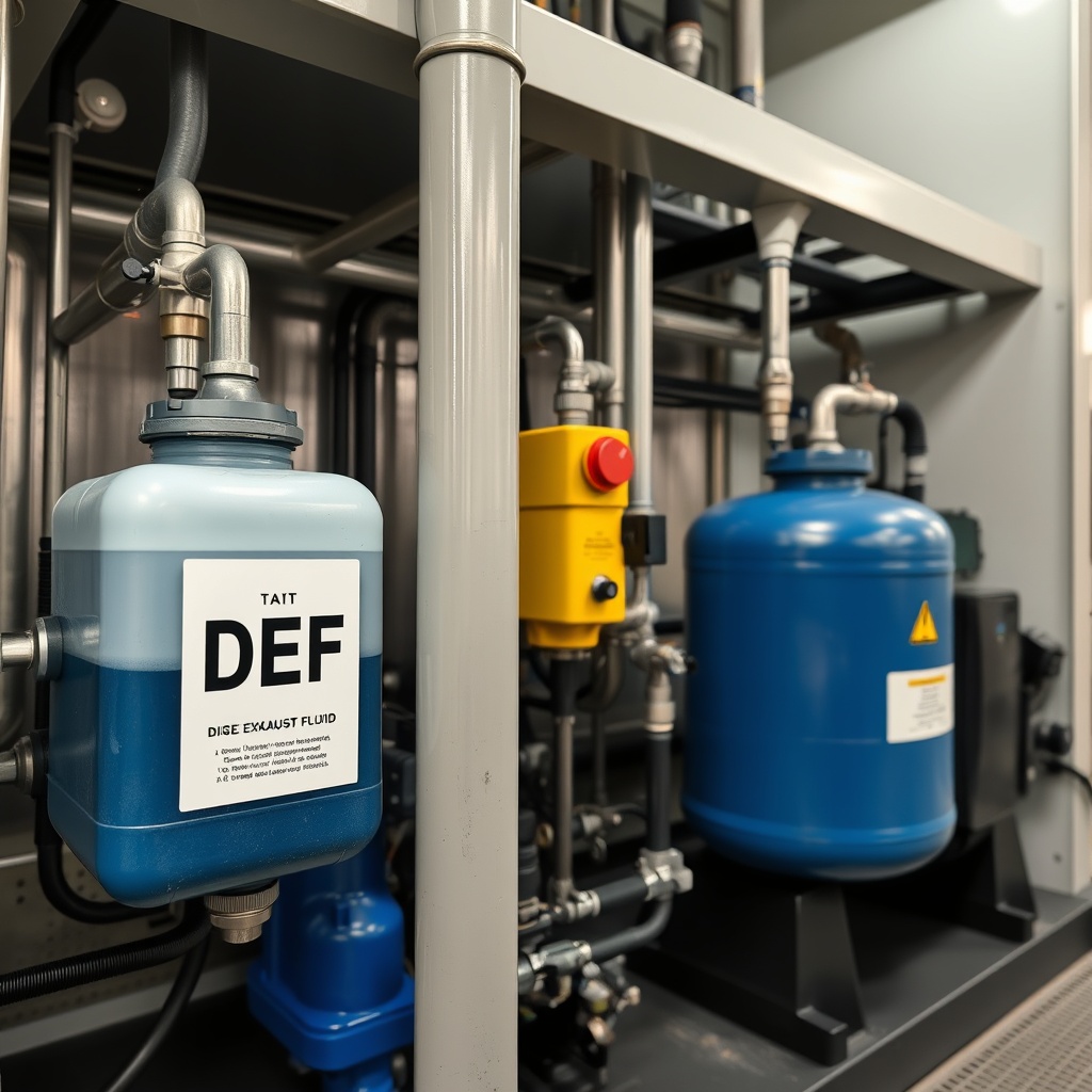 High-quality stock photo of a diesel exhaust fluid (DEF) system with blue fluid container and emission control components, clean industrial aesthetic