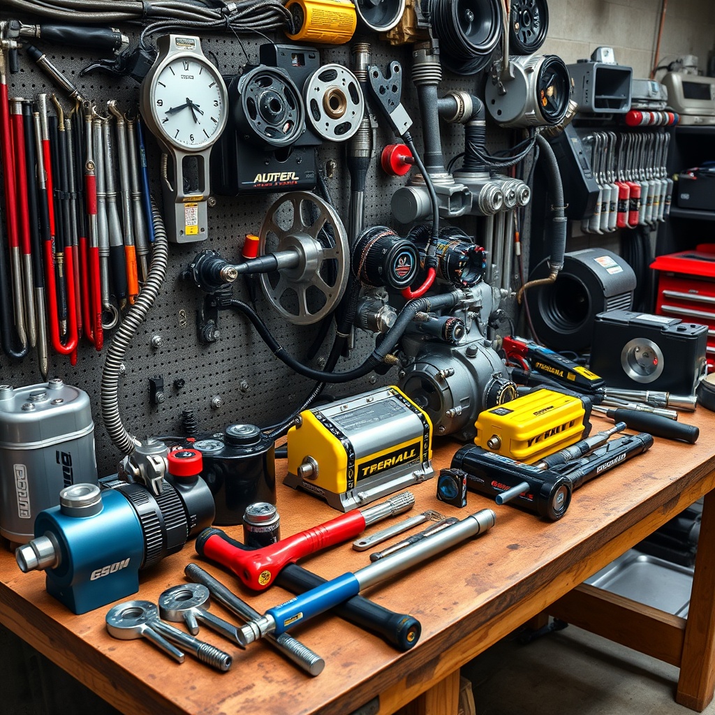 Professional stock photo of aftermarket performance tuning equipment and engine modification tools arranged neatly on a workshop bench