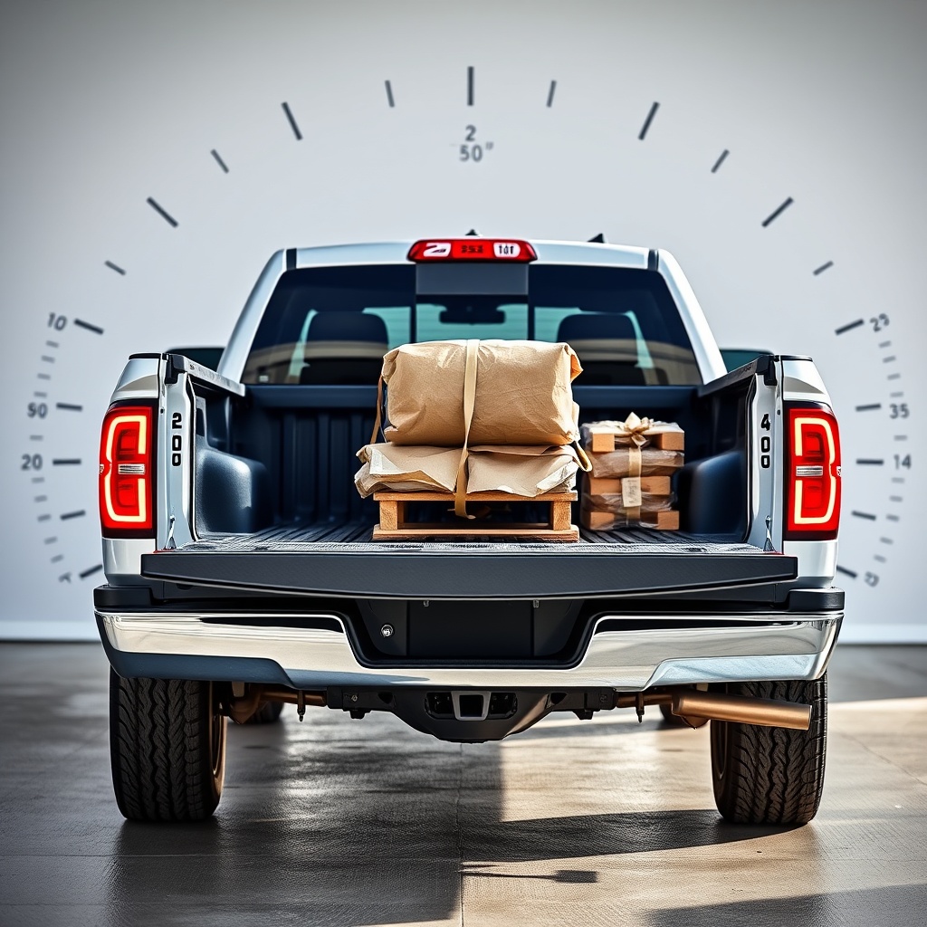 Professional stock photo of a modern 2500 series pickup truck with visible payload capacity markings, showing cargo being loaded into the bed with measurement indicators in thebackground