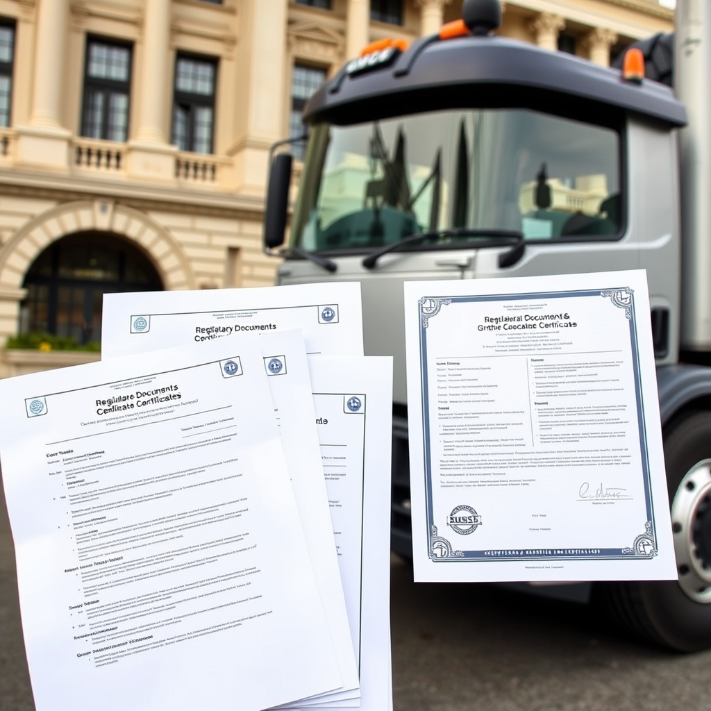 Stock photo of regulatory documents and compliance certificates next to a 3/4-ton truck, with government building architecture visible in the background