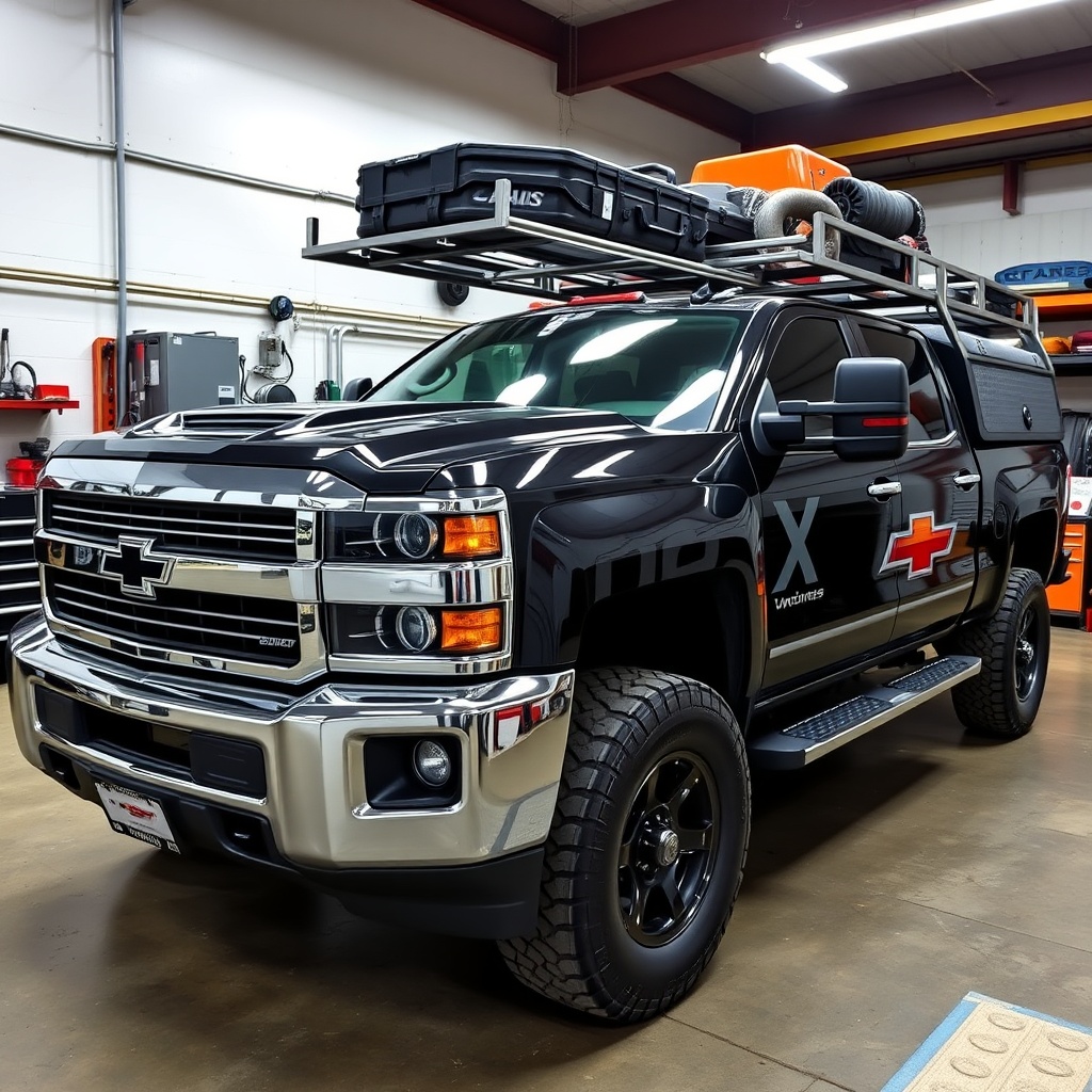 Professional image of a 2500 series truck with various aftermarket modifications including utility racks, toolboxes, and performance upgrades in a workshop setting