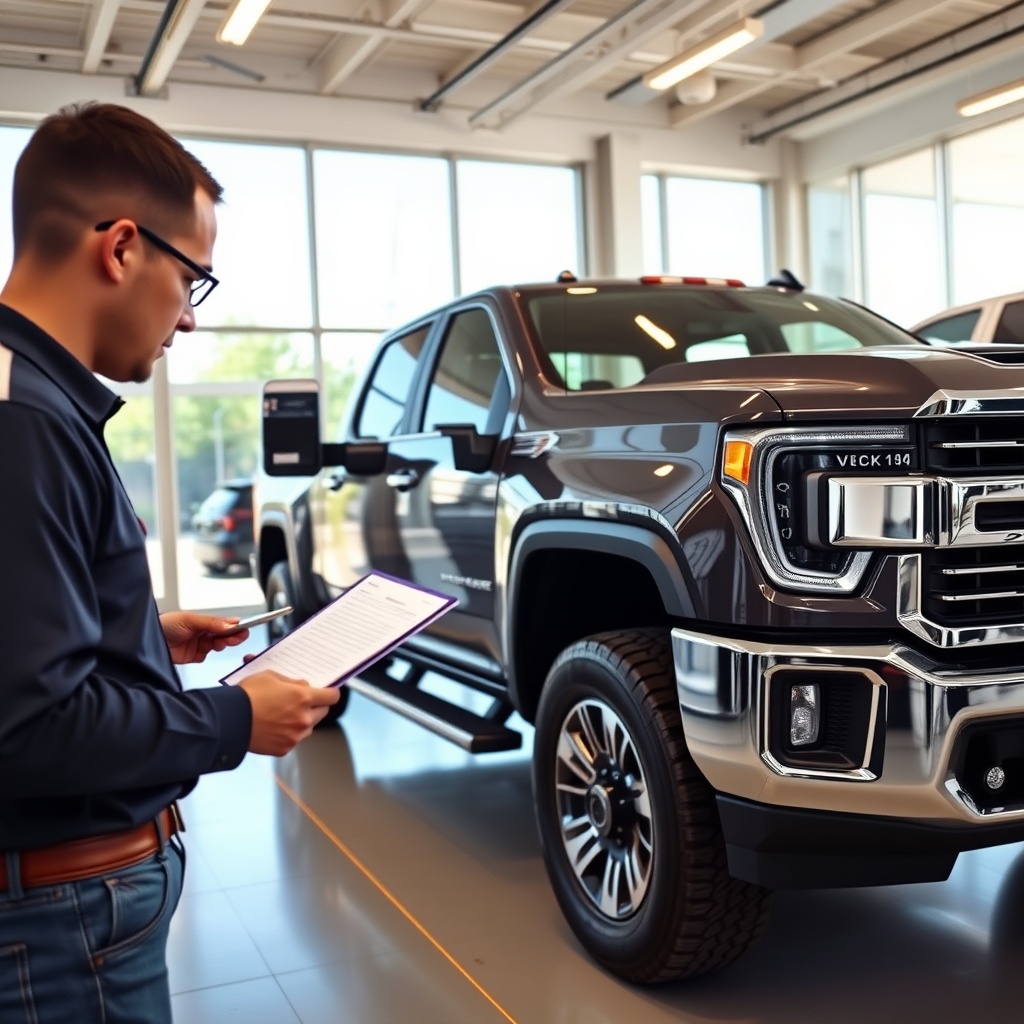 A high-quality stock image showing a 2500 series truck being appraised by a professional, with a focus on the truck's condition and features, in a dealership setting.