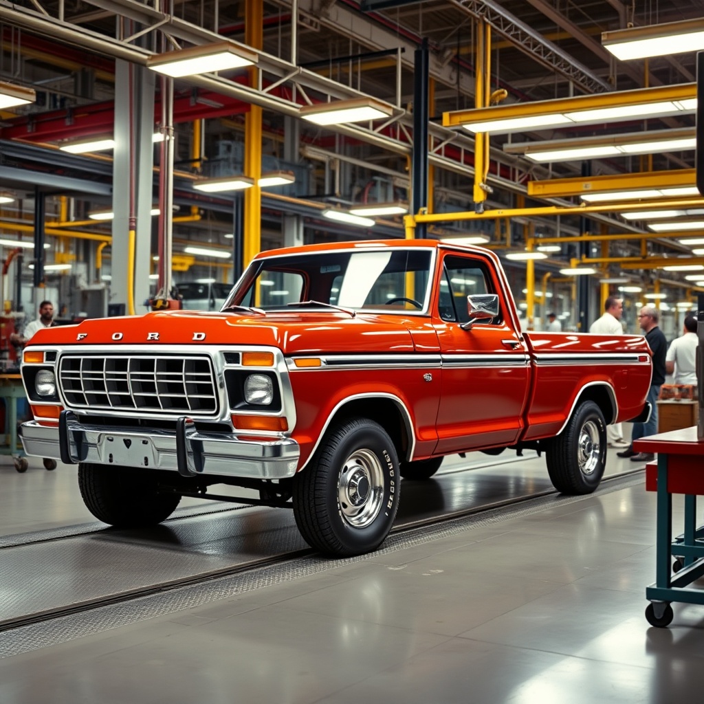 Professional stock photo of a 1975 Ford F-150 truck on a factory assembly line with workers in the background, showcasing the transition era production environment with industrial lighting and manufacturing equipment.