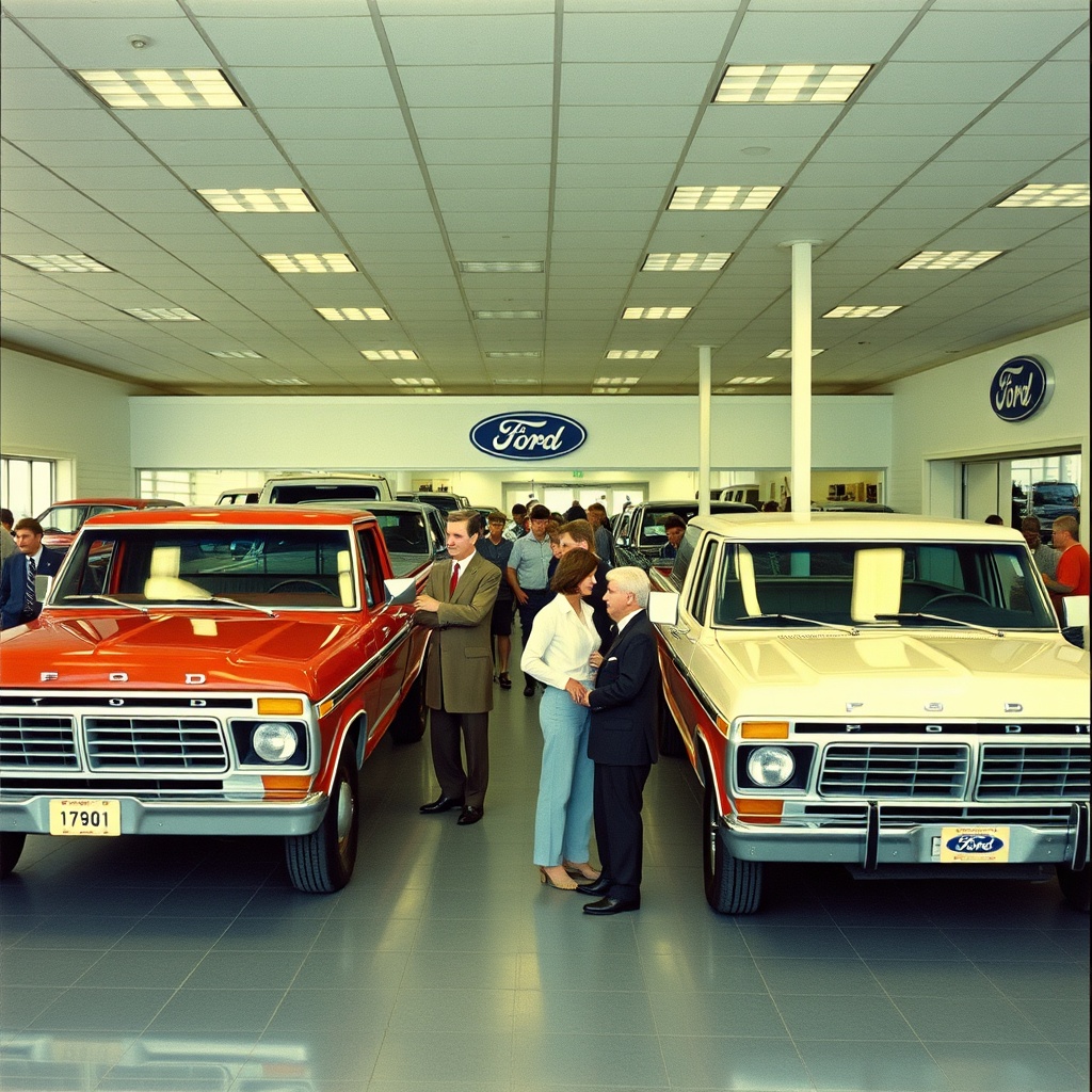 Professional stock photo of vintage Ford dealership showroom from the 1970s with both F-100 and F-150 models displayed side by side, customers interacting with sales staff in period-appropriate clothing.