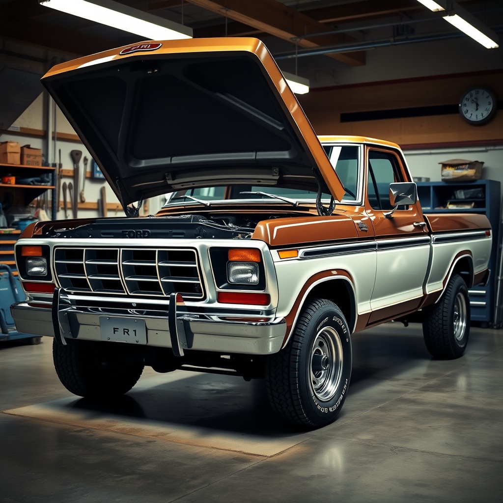 Professional stock photo of a classic 1975 Ford F-150 truck with its hood open revealing engine components, shot in a well-lit garage setting with tools in the background, emphasizing mechanical identification features.