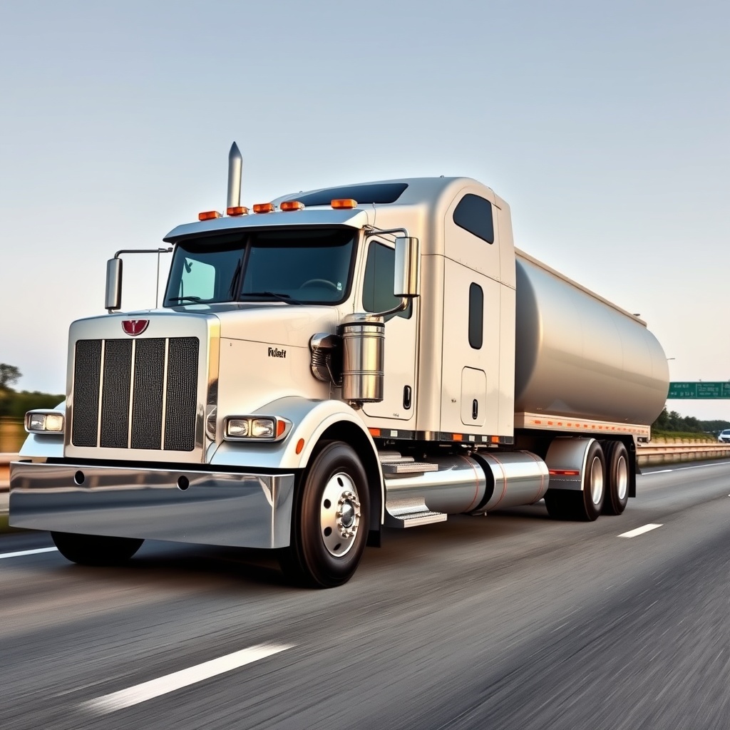 Professional stock photo of a modern heavy-duty diesel truck on a highway, showcasing its powerful design and efficiency features, with clean background and natural lighting