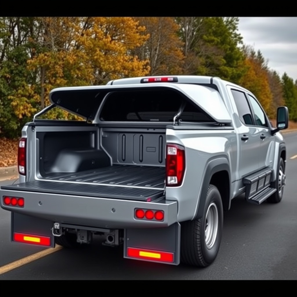 High-quality stock photo of a diesel truck with aerodynamic modifications, including bed cover and air dam, demonstrating streamlined design for fuel efficiency