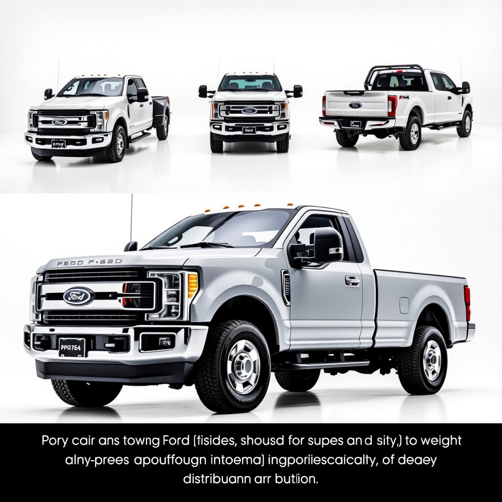 Professional stock photo of a Ford F-250 Diesel truck with various cab and bed configurations, demonstrating how different setups affect towing capacity and weight distribution, shot in a clean automotive studio environment