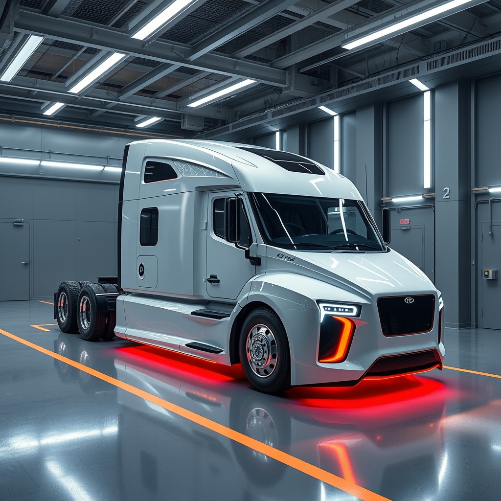 A futuristic stock photo featuring an electric truck prototype with a sleek design, parked in a high-tech garage, symbolizing the future of truck classifications.