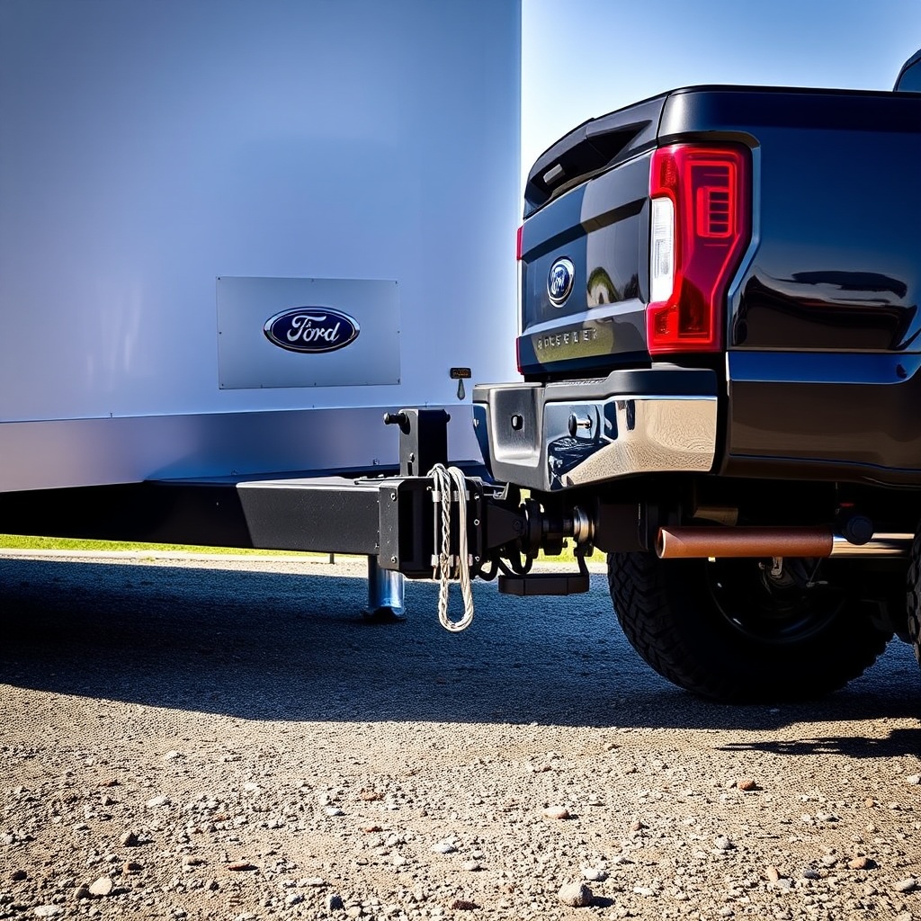 Professional stock photo of a Ford F-250 Diesel truck properly hitched to a heavy-duty trailer, showcasing the hitch connection and weight distribution system in a well-lit outdoor setting