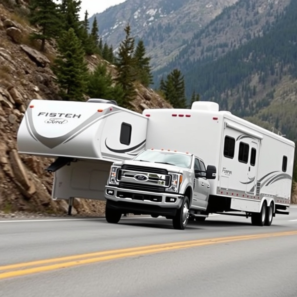 Professional stock photo of a Ford F-250 Diesel truck towing a large fifth-wheel trailer up a mountain road, demonstrating real-world towing performance in challenging terrain conditions