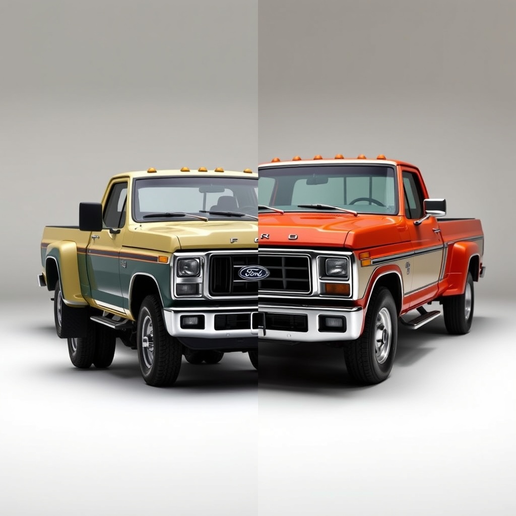 A side-by-side comparison of a Bumpside and Dentside Ford truck highlighting their distinctive design features, set in a well-lit studio with a neutral background.
