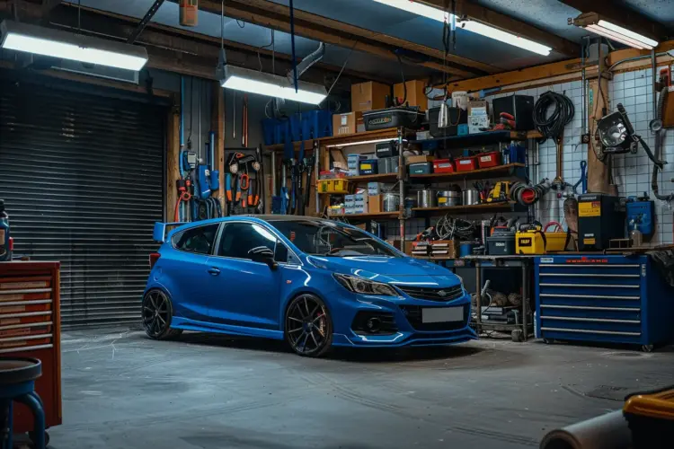 A Corsa VXR in a garage with tools and diagnostic equipment, representing reliability and maintenance.