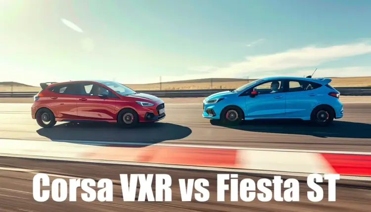 A Corsa VXR and Fiesta ST side by side on a race track, showcasing their speed and sporty designs.