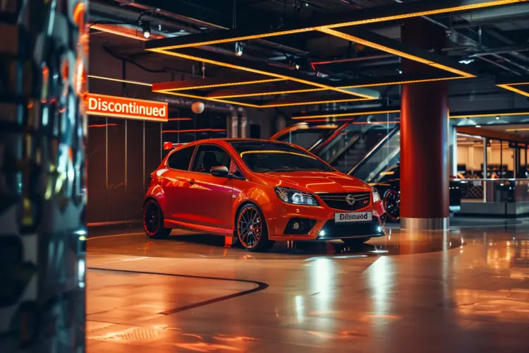 A Corsa VXR in a showroom with a "Discontinued" sign, highlighting its status and legacy as a hot hatch.