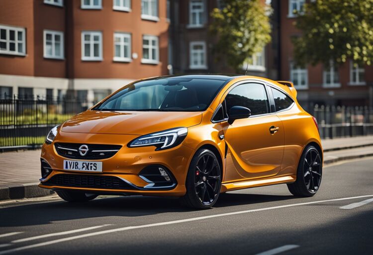 A sleek Corsa VXR parked in a vibrant city setting, with a clear view of the car's key specifications displayed on a digital screen