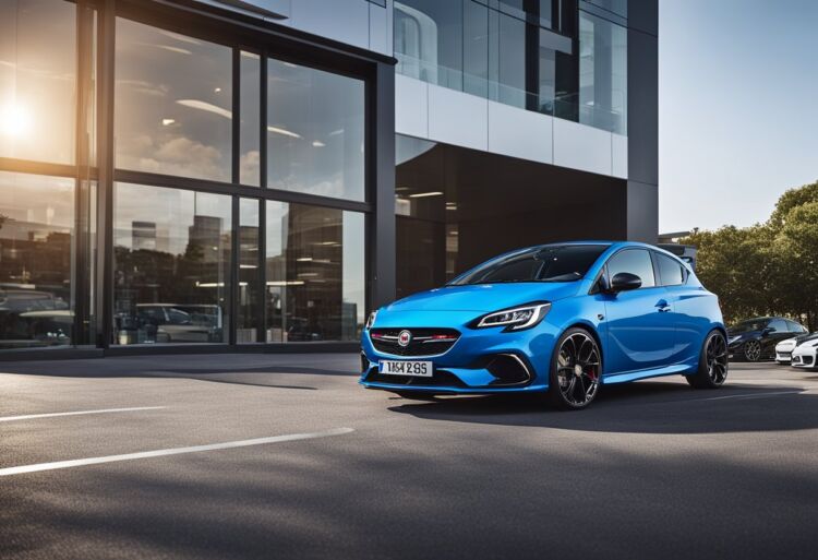 A sleek Corsa VXR parked in front of a modern dealership, with its sporty design and features highlighted by the surrounding cityscape