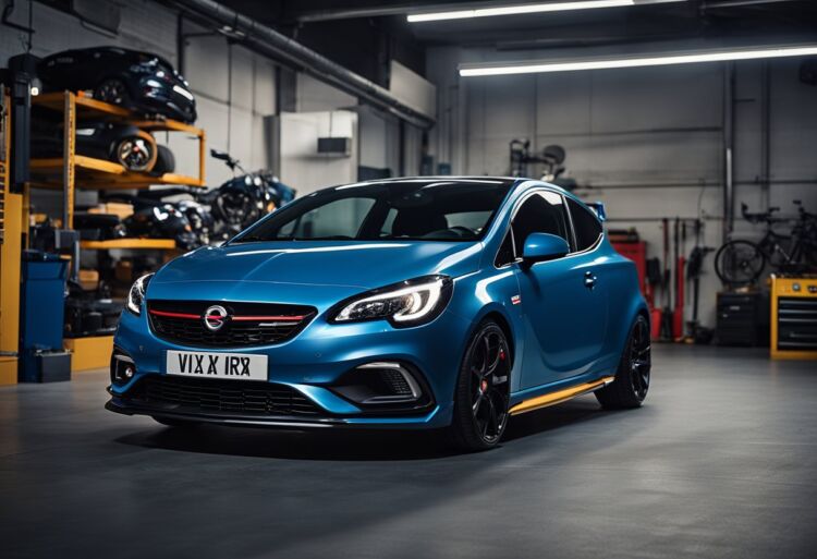 A sleek Corsa VXR parked in a tidy urban garage, surrounded by tools and spare parts. The compact car is emphasized by the spacious surroundings