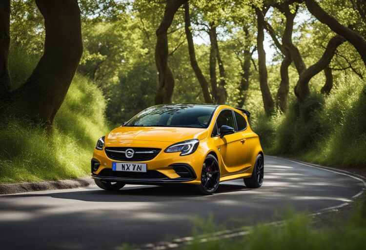 A sleek Corsa VXR parked on a winding road, surrounded by lush greenery and a clear blue sky, exuding a sense of speed and excitement