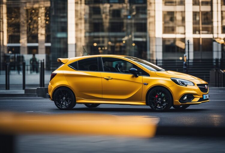 A sleek Corsa VXR parked in a vibrant city setting, with a backdrop of modern buildings and bustling streets