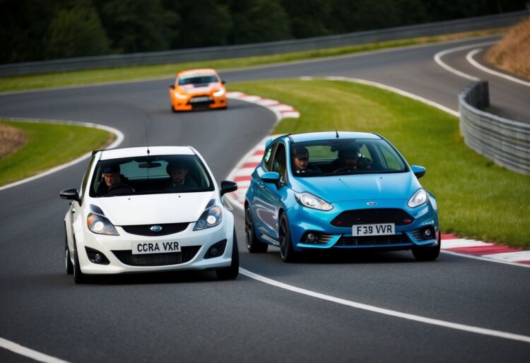 Two sporty cars racing on a winding road, with the Corsa VXR pulling ahead of the Fiesta ST