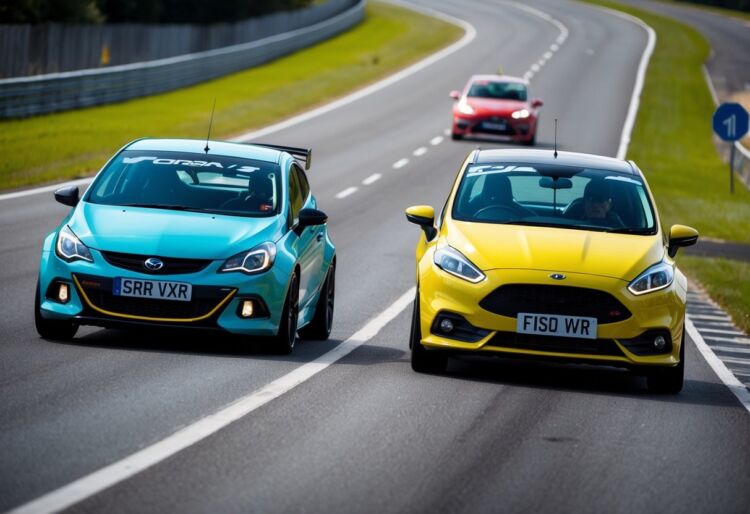 Two sporty cars racing on a straight road, with a speedometer showing the Corsa VXR pulling ahead of the Fiesta ST
