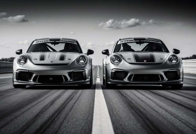 Two sporty cars racing side by side on a straight road, with speedometers and fuel gauges visible in the dashboard