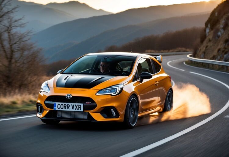 A Corsa VXR revs its engine, emitting a powerful roar, as it speeds down a winding mountain road