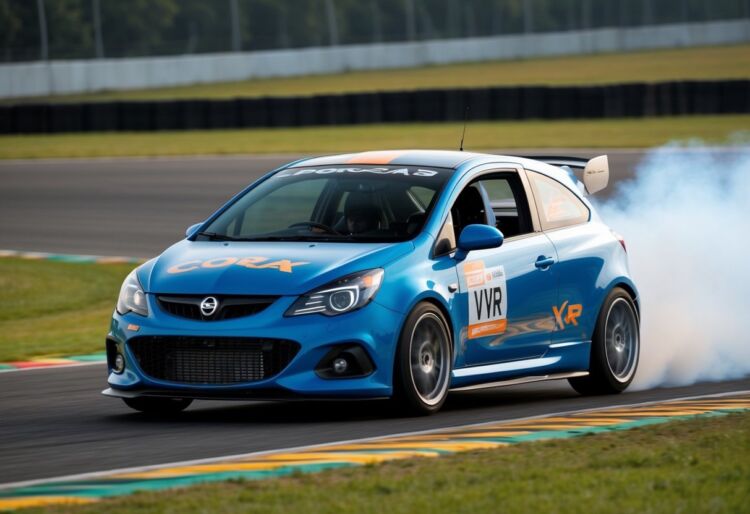A Corsa VXR revs on a track, smoke billowing from its tires as it accelerates