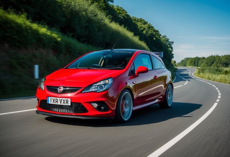 A red Corsa VXR revs on a winding road, surrounded by lush greenery and a clear blue sky