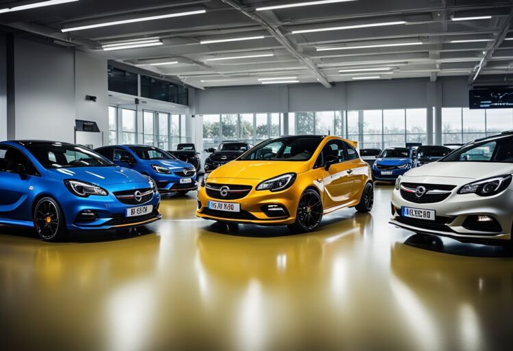 A lineup of 500 limited edition Corsa VXR Nurburgring cars, parked in a spacious showroom with bright lighting and polished floors