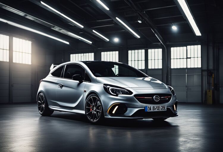 A sleek Corsa VXR Nurburgring parked in a dimly lit garage, its distinctive features and performance highlighted by the glow of overhead spotlights