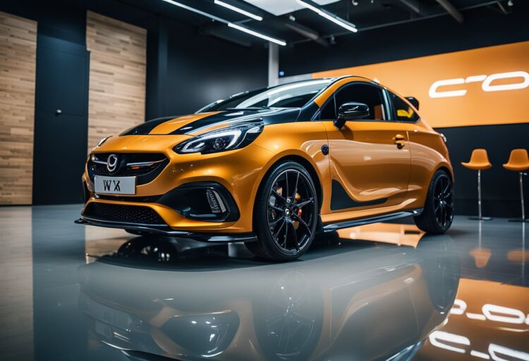 A sleek Corsa VXR Nurburgring parked in a showroom, surrounded by spotlights and sleek modern decor