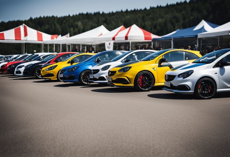 A line of limited edition Corsa VXR Nurburgring cars parked at a historical racing track, surrounded by cheering spectators and vintage racing flags