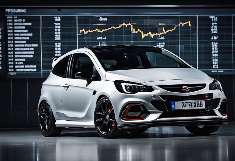 A sleek Corsa VXR Nurburgring parked in front of a backdrop of economic and statistical data charts and graphs