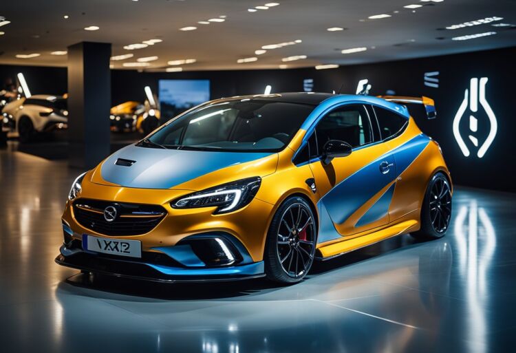 A sleek Corsa VXR Nurburgring parked in a futuristic showroom, surrounded by flashing lights and cutting-edge technology