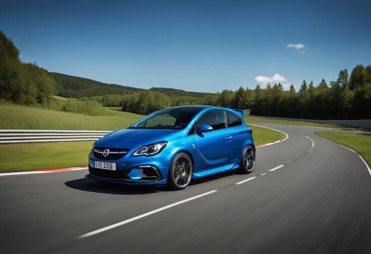 A sleek Corsa VXR Nurburgring parked in front of a backdrop of winding roads and lush greenery, with a clear blue sky overhead