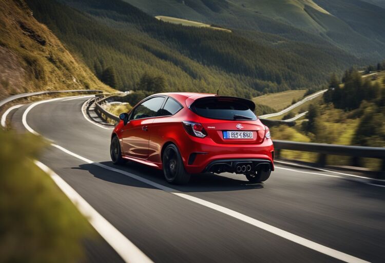 A red Corsa VXR speeding down a winding mountain road. The car's sleek design and powerful engine are evident as it navigates the sharp turns